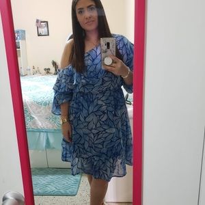 Blue and White Print One-Shoulder Dress